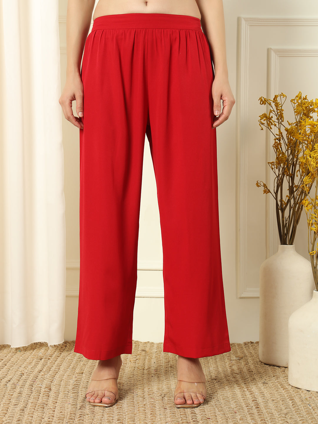 FIORRA Women's Red Crepe Straight Kurta and Palazzo With Dupatta