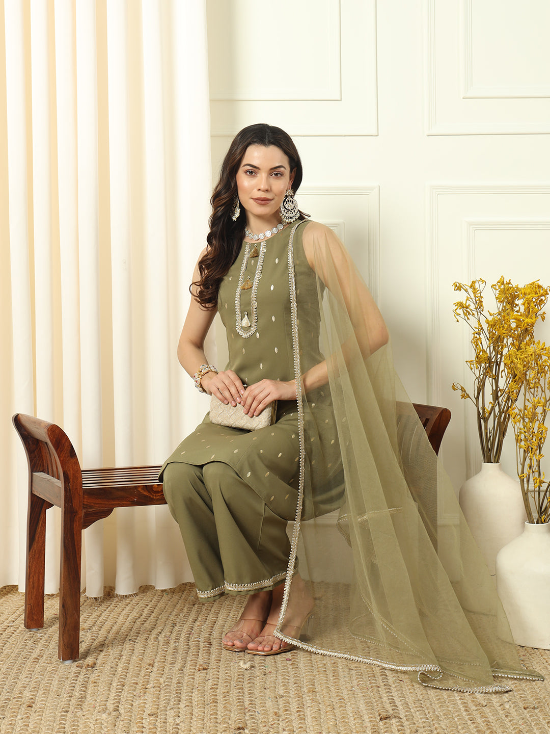 FIORRA Women's Mehndi Green Crepe Straight Kurta and Palazzo With Dupatta