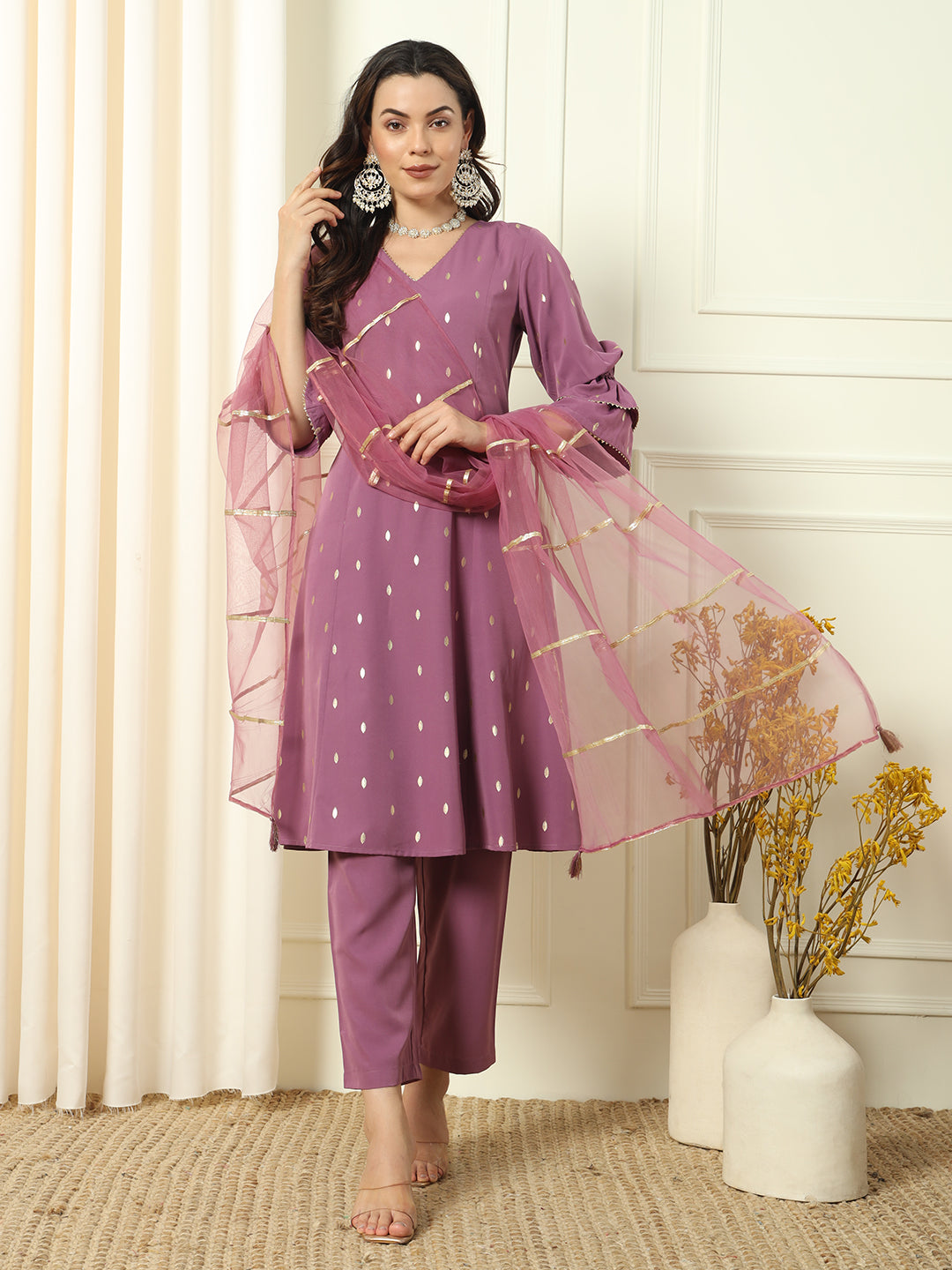 FIORRA Women's Lavender Crepe Flared Kurta and Pant With Dupatta