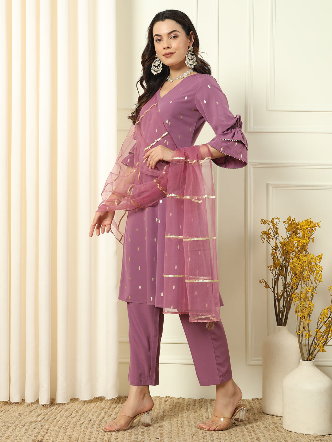 FIORRA Women's Lavender Crepe Flared Kurta and Pant With Dupatta
