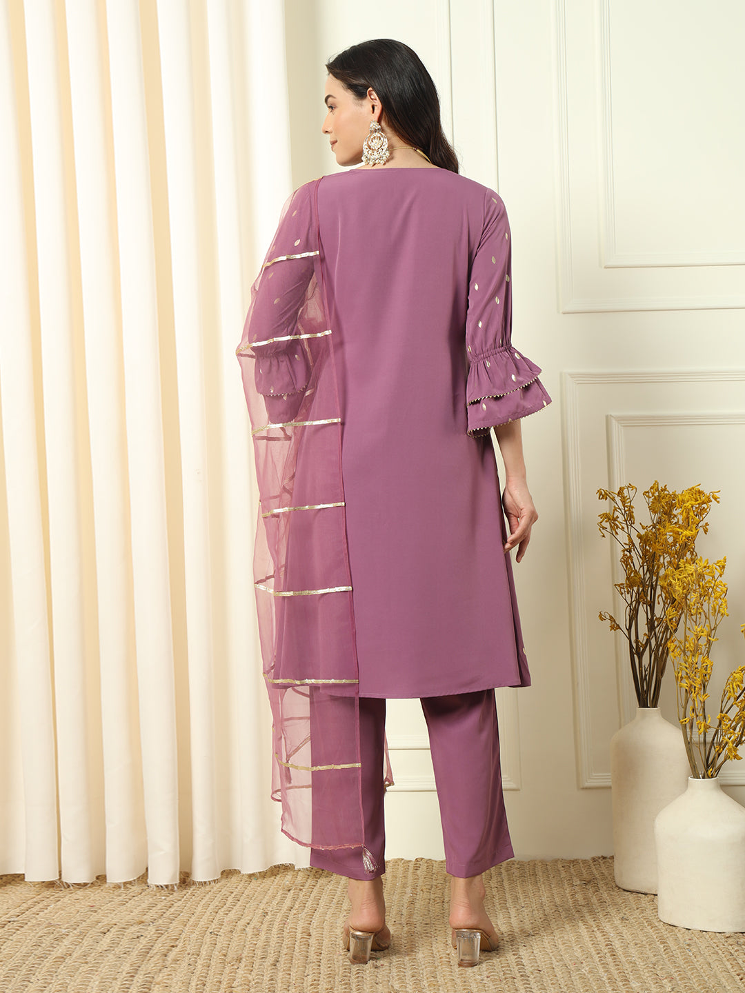 FIORRA Women's Lavender Crepe Flared Kurta and Pant With Dupatta
