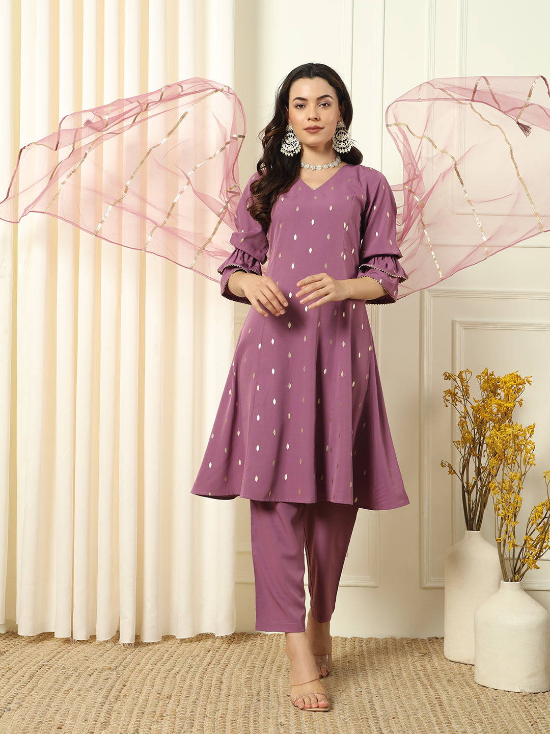 FIORRA Women's Lavender Crepe Flared Kurta and Pant With Dupatta