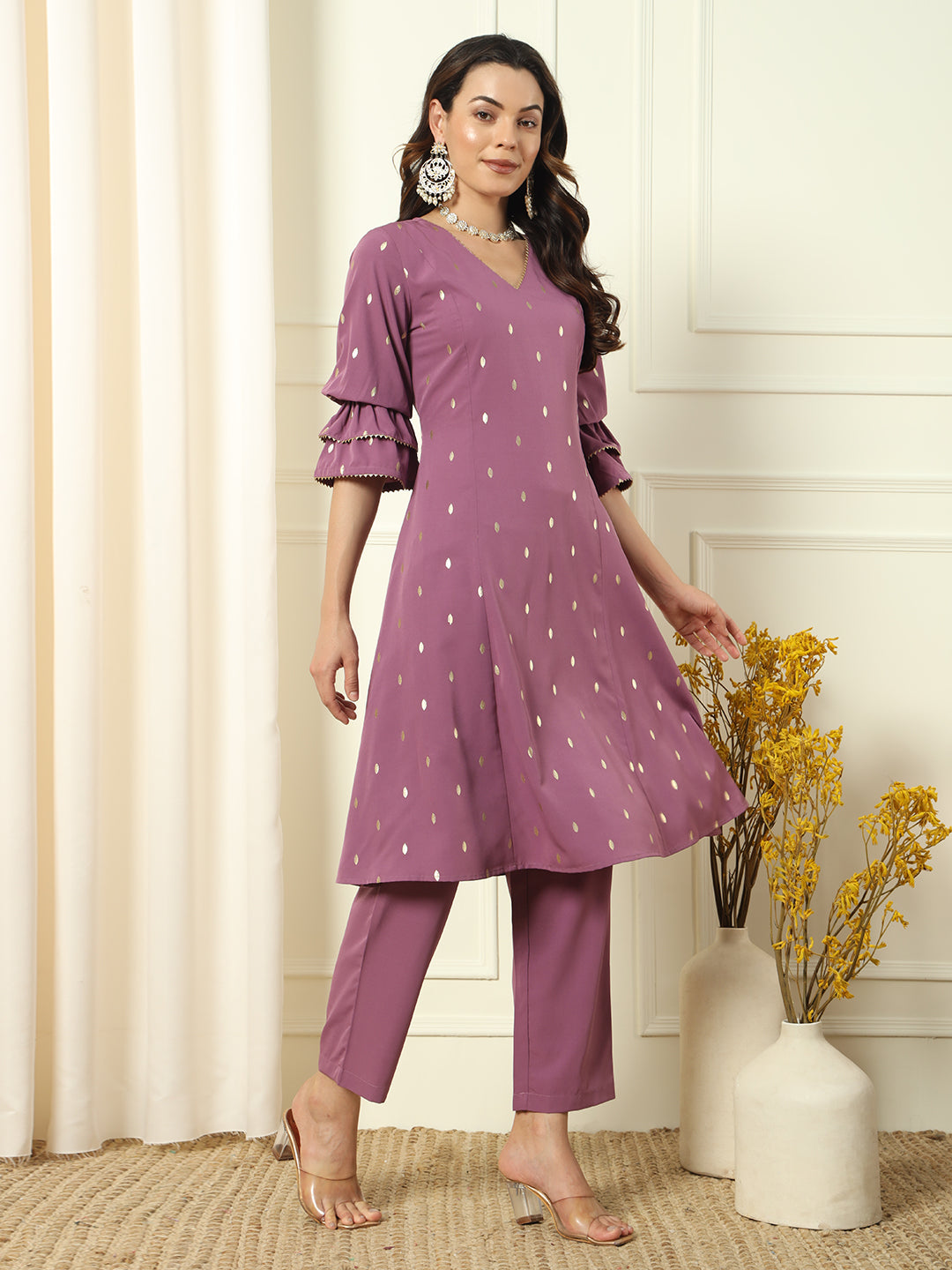 FIORRA Women's Lavender Crepe Flared Kurta and Pant With Dupatta