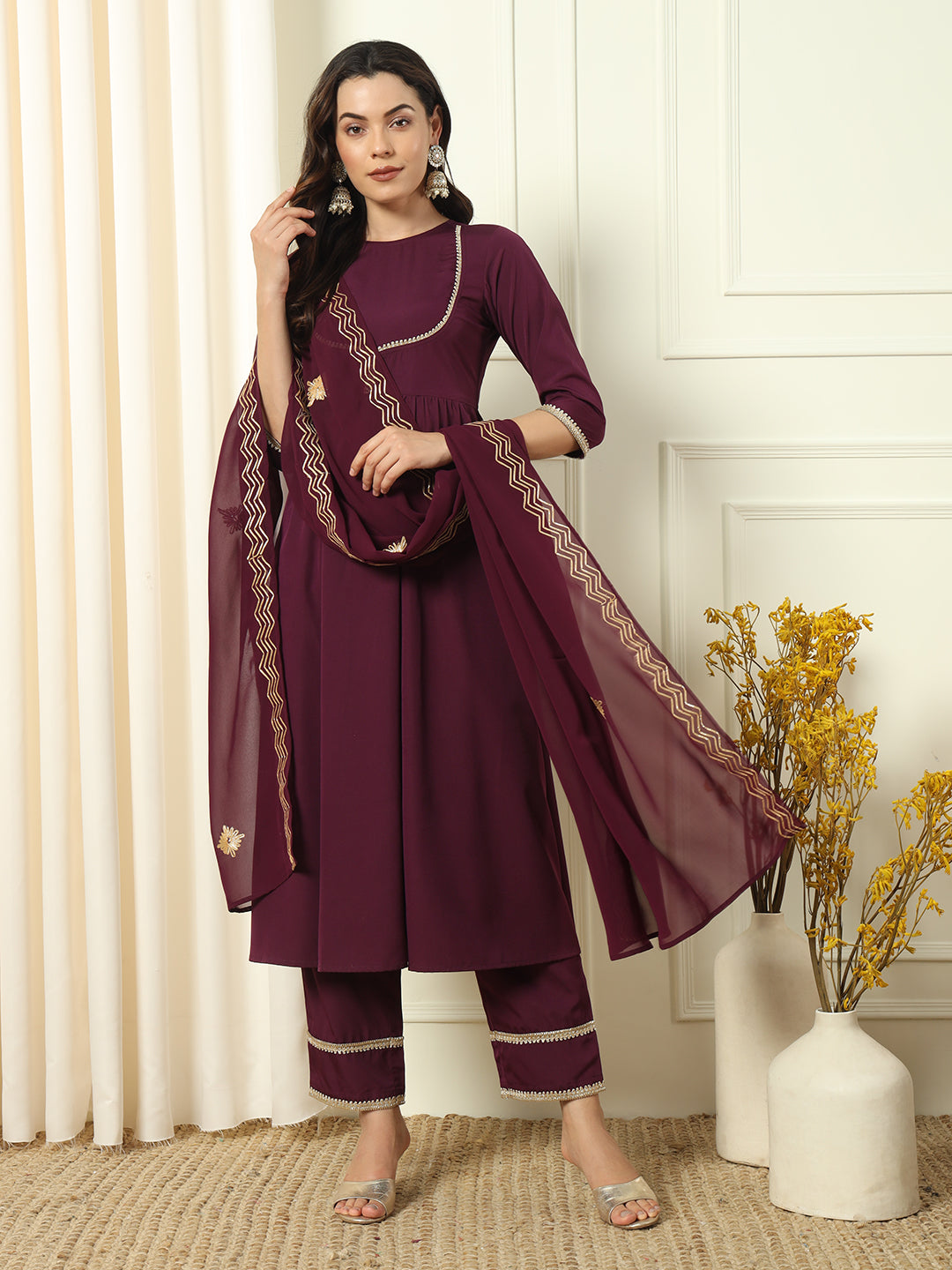 FIORRA Women's Wine Crepe Flared Kurta and Pant With Dupatta