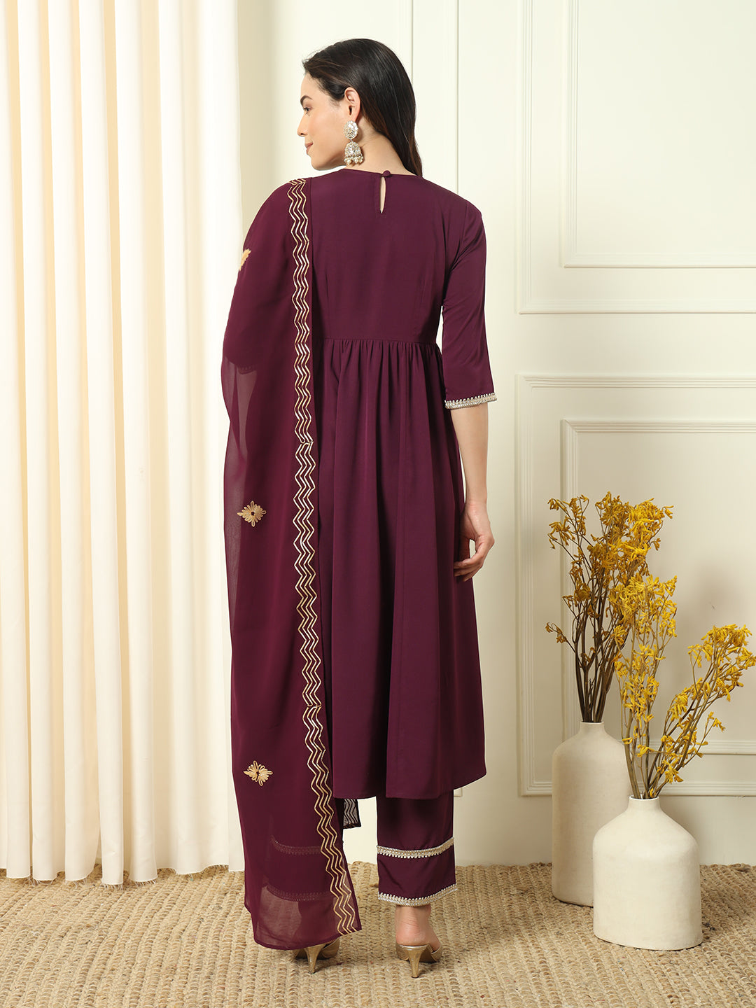 FIORRA Women's Wine Crepe Flared Kurta and Pant With Dupatta