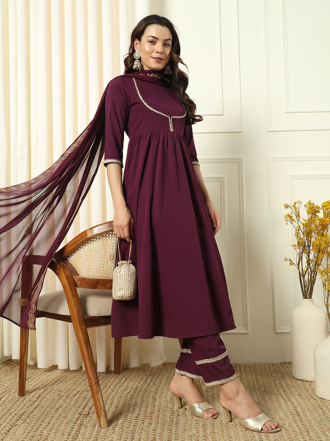 FIORRA Women's Wine Crepe Flared Kurta and Pant With Dupatta