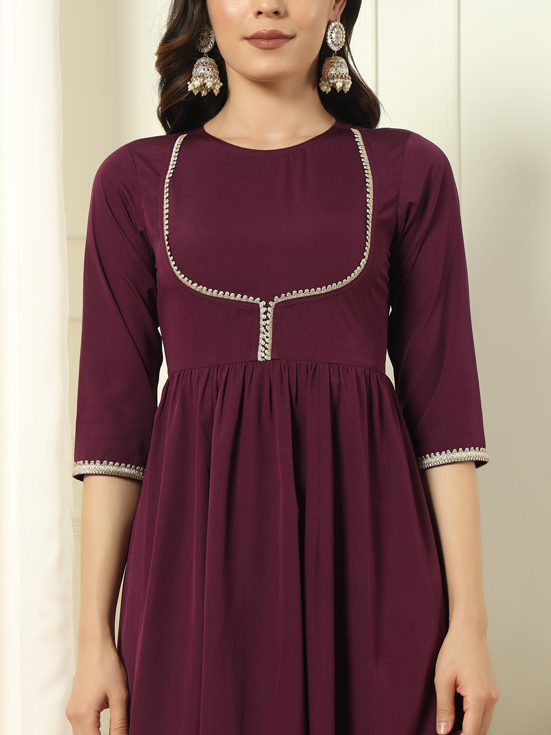 FIORRA Women's Wine Crepe Flared Kurta and Pant With Dupatta