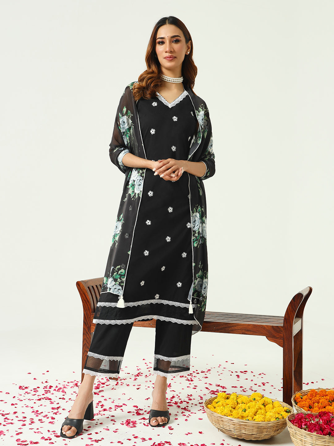 FIORRA Women's Black Cotton Straight Kurta and Pant With Dupatta