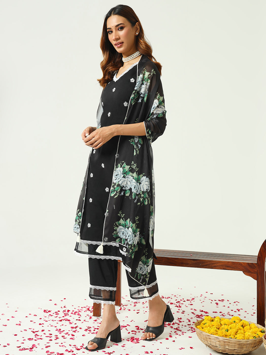 FIORRA Women's Black Cotton Straight Kurta and Pant With Dupatta