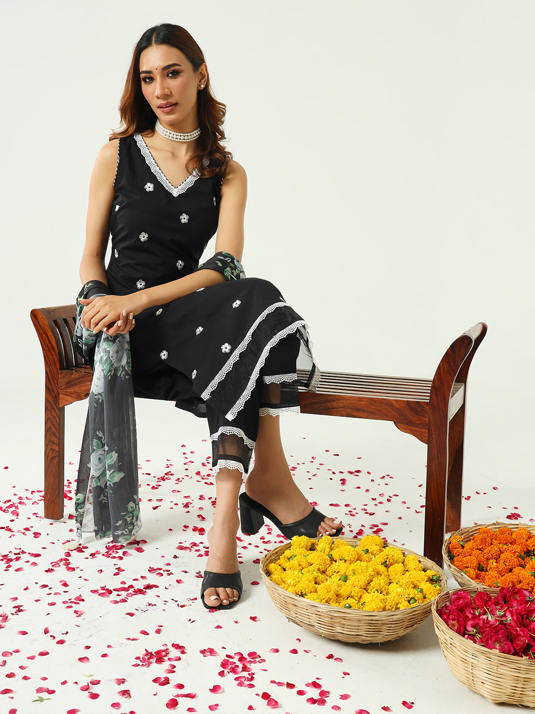 FIORRA Women's Black Cotton Straight Kurta and Pant With Dupatta