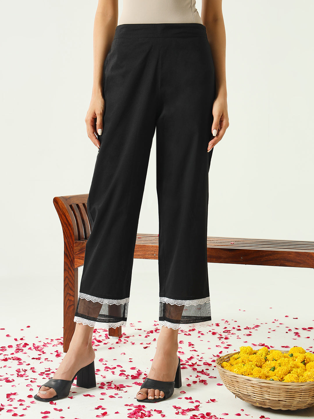 FIORRA Women's Black Cotton Straight Kurta and Pant With Dupatta