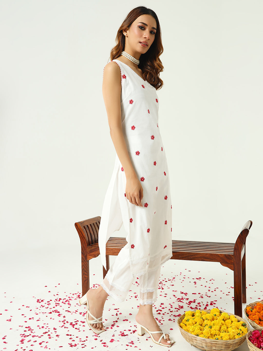 FIORRA Women's White Cotton Straight Kurta and Pant With Dupatta