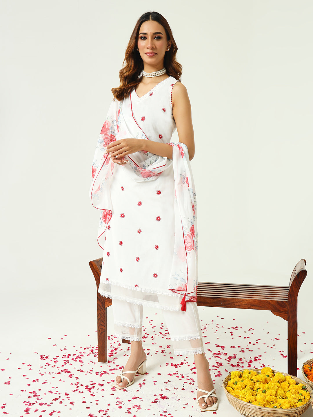 FIORRA Women's White Cotton Straight Kurta and Pant With Dupatta