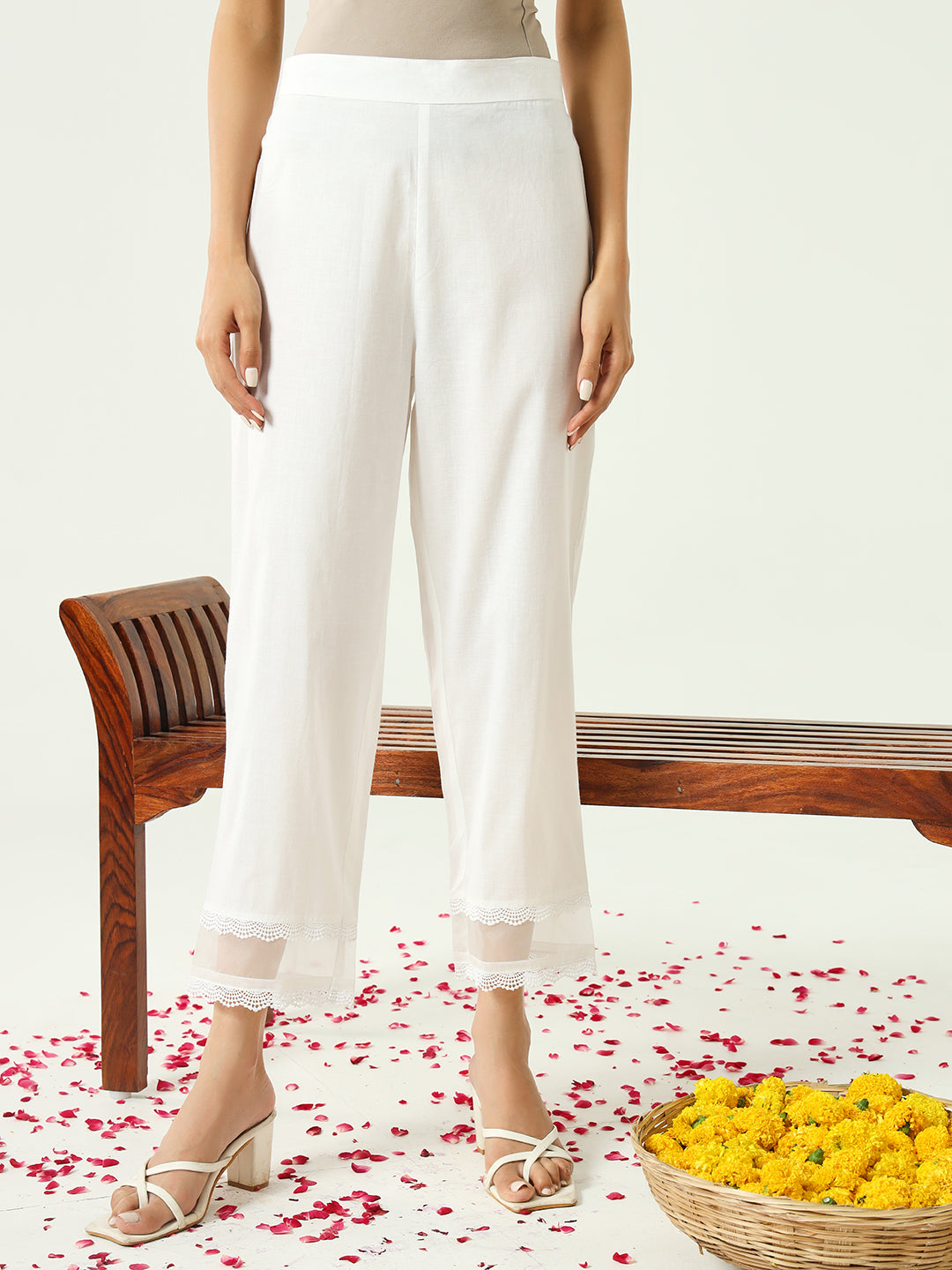 FIORRA Women's White Cotton Straight Kurta and Pant With Dupatta