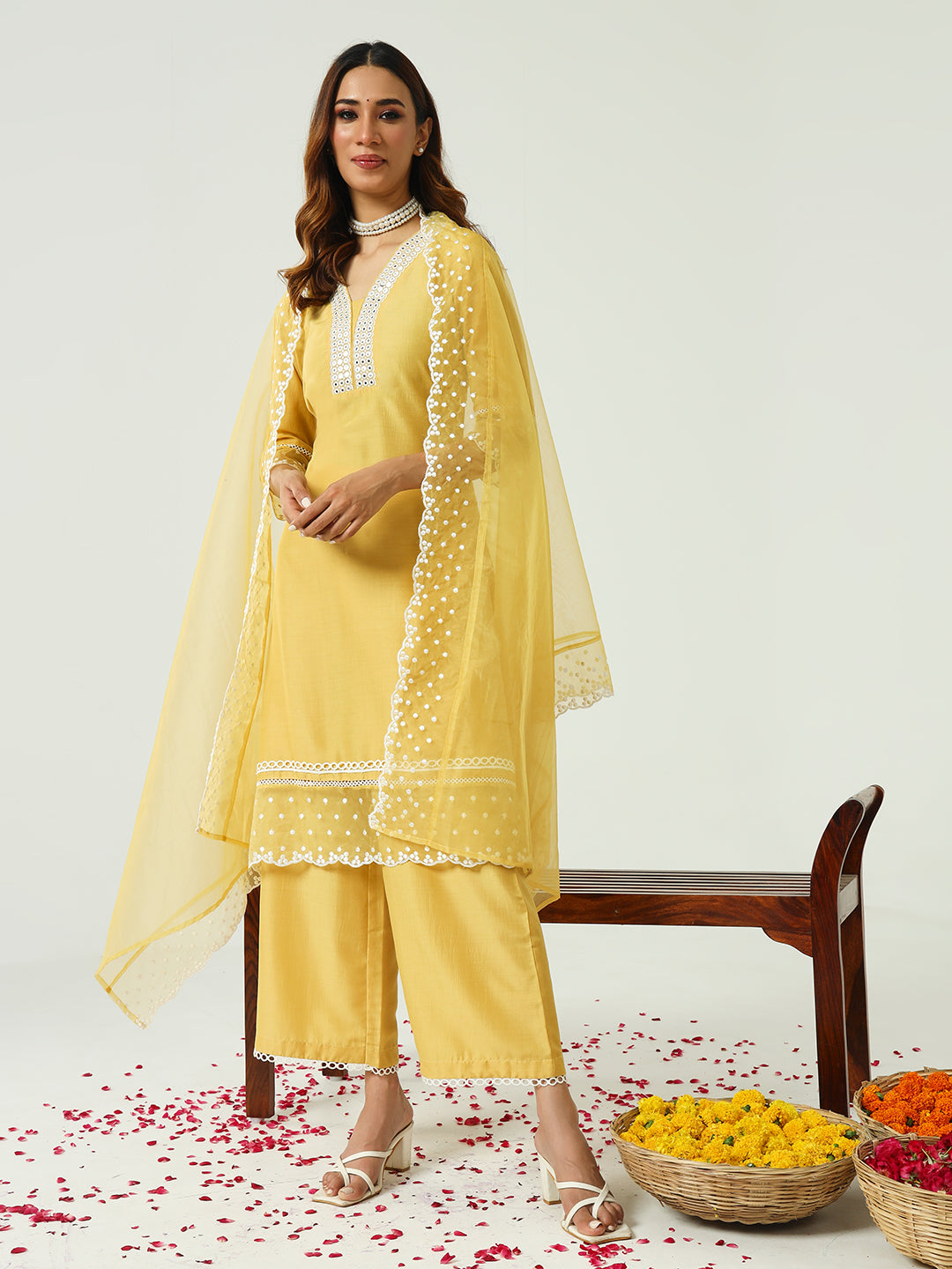 FIORRA Women's Yellow Silk Blend Straight Kurta and Palazzo With Embroidered Dupatta