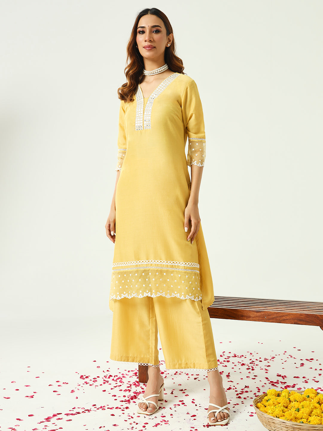 FIORRA Women's Yellow Silk Blend Straight Kurta and Palazzo With Embroidered Dupatta