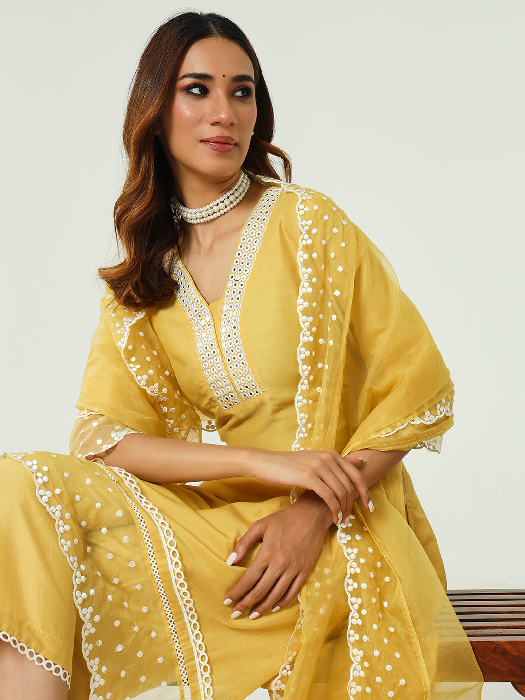FIORRA Women's Yellow Silk Blend Straight Kurta and Palazzo With Embroidered Dupatta