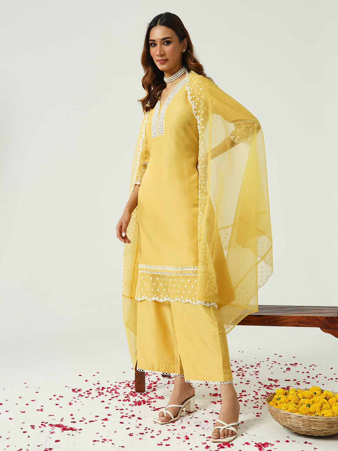 FIORRA Women's Yellow Silk Blend Straight Kurta and Palazzo With Embroidered Dupatta