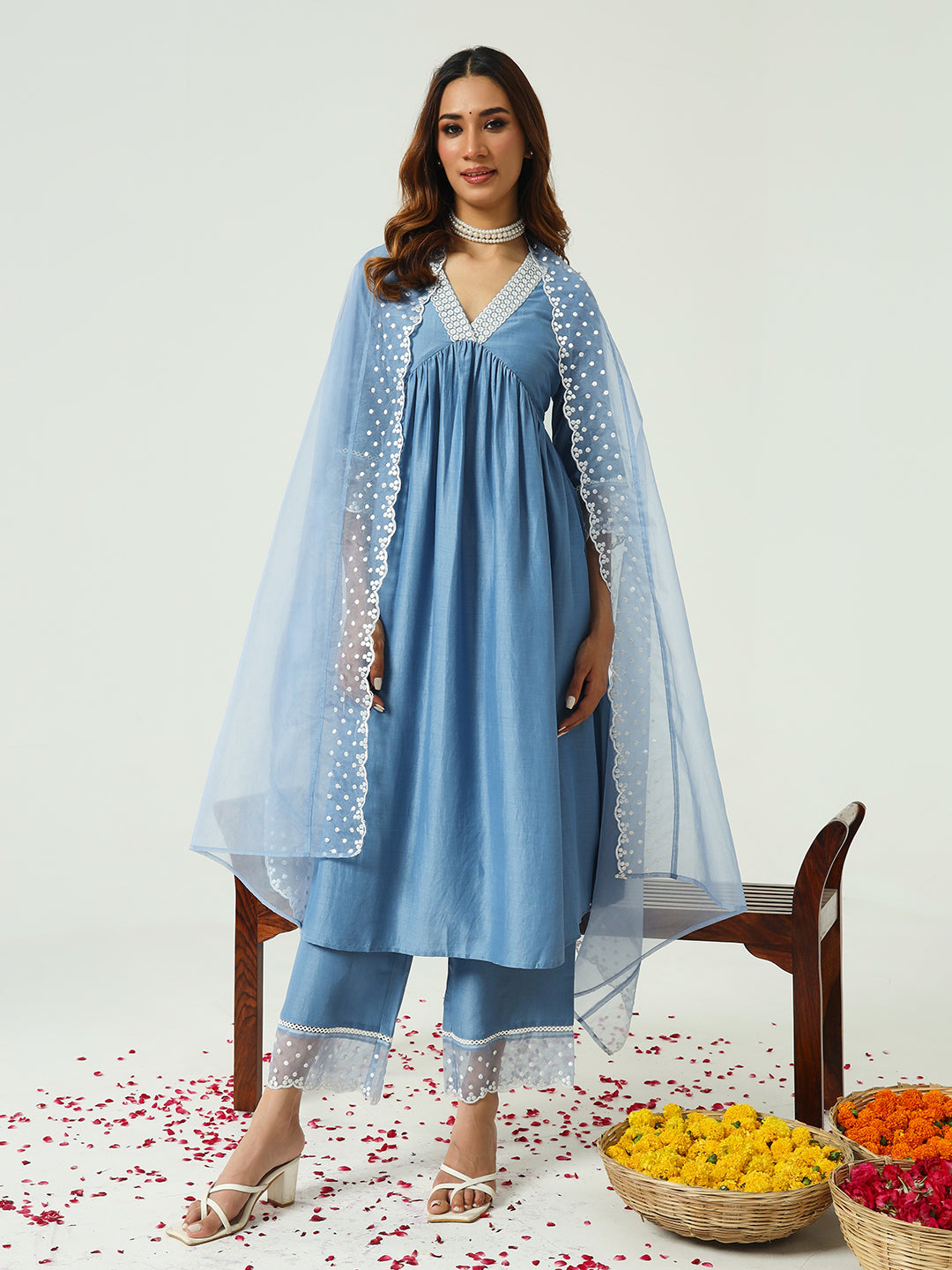 FIORRA Women's Blue Silk Blend Nayra Cut Kurta and Palazzo With Embroidered Dupatta