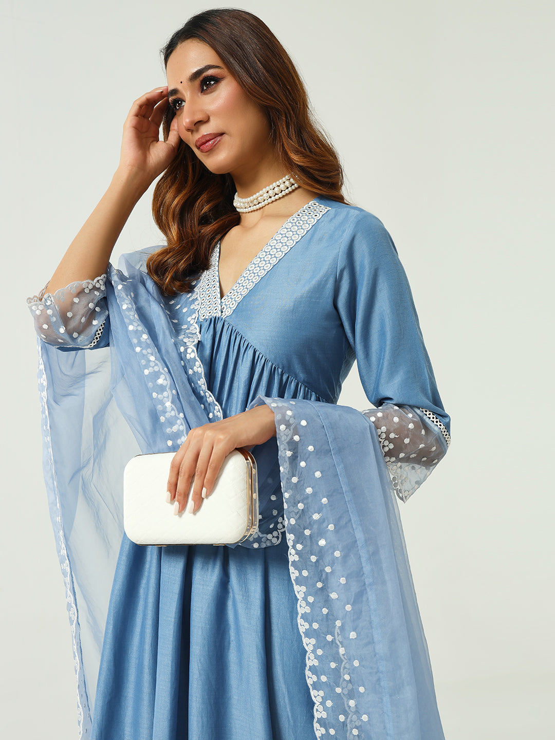 FIORRA Women's Blue Silk Blend Nayra Cut Kurta and Palazzo With Embroidered Dupatta