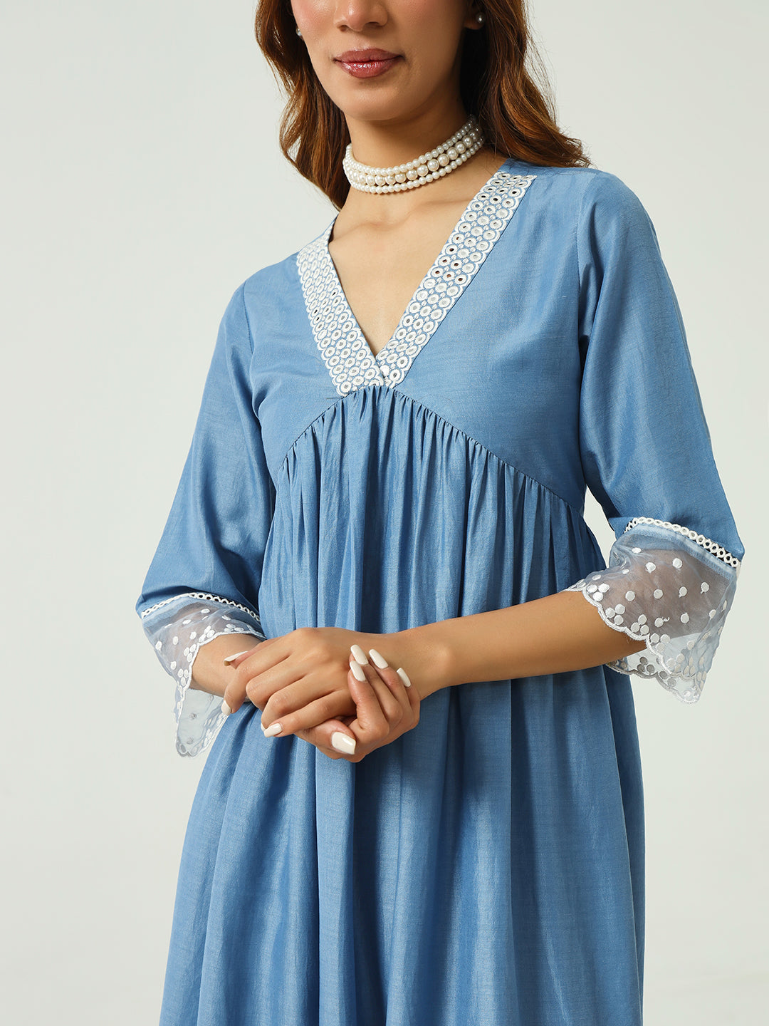 FIORRA Women's Blue Silk Blend Nayra Cut Kurta and Palazzo With Embroidered Dupatta