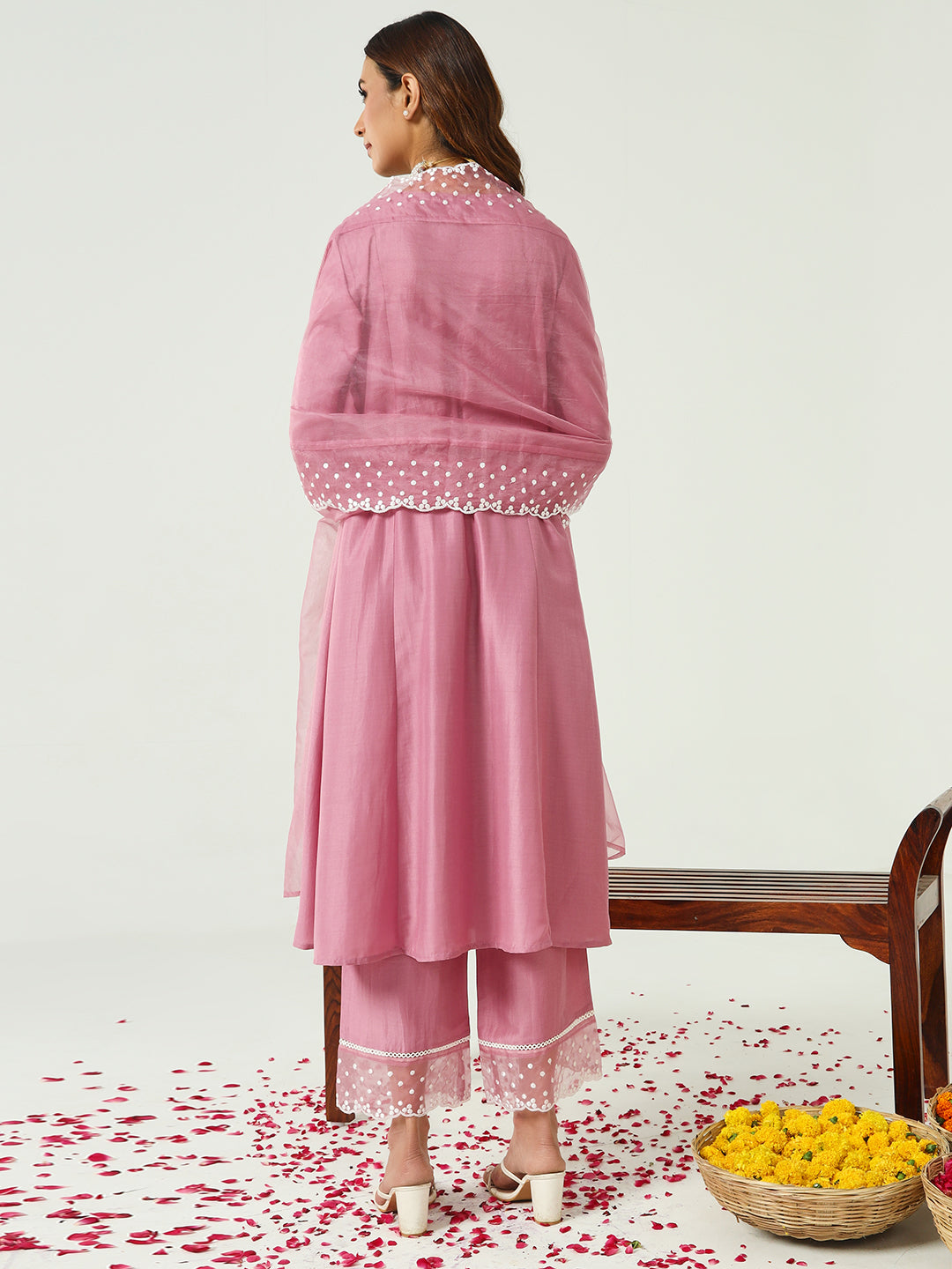 FIORRA Women's Pink Silk Blend Flared Kurta and Palazzo With Embroidered Dupatta