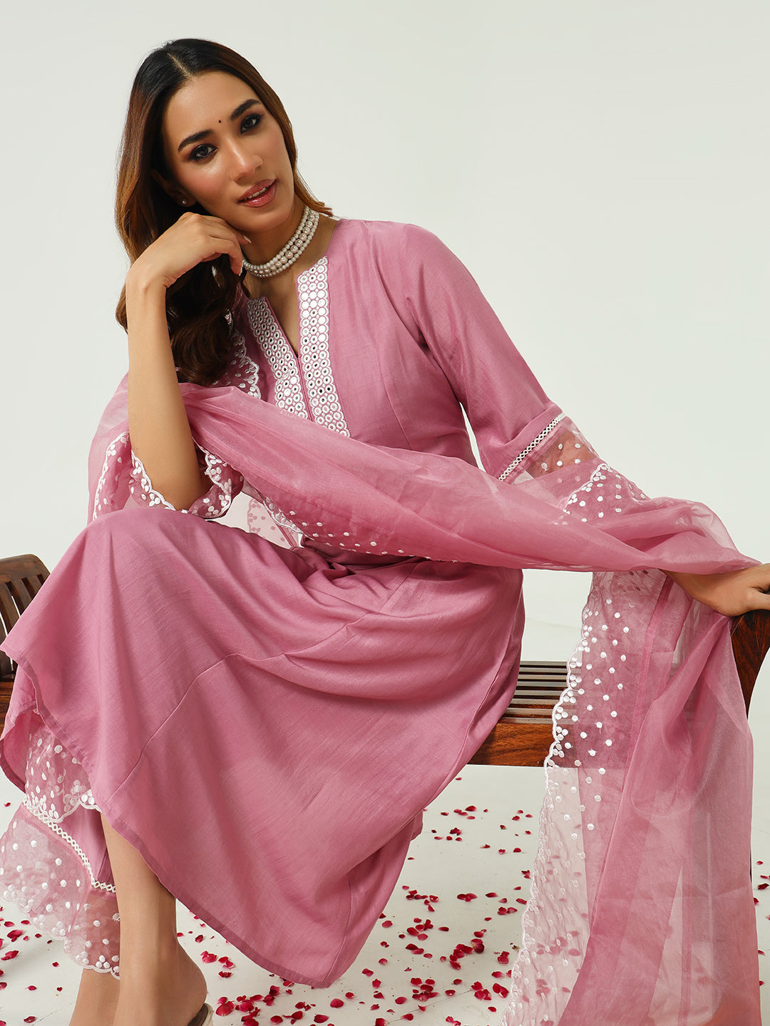 FIORRA Women's Pink Silk Blend Flared Kurta and Palazzo With Embroidered Dupatta