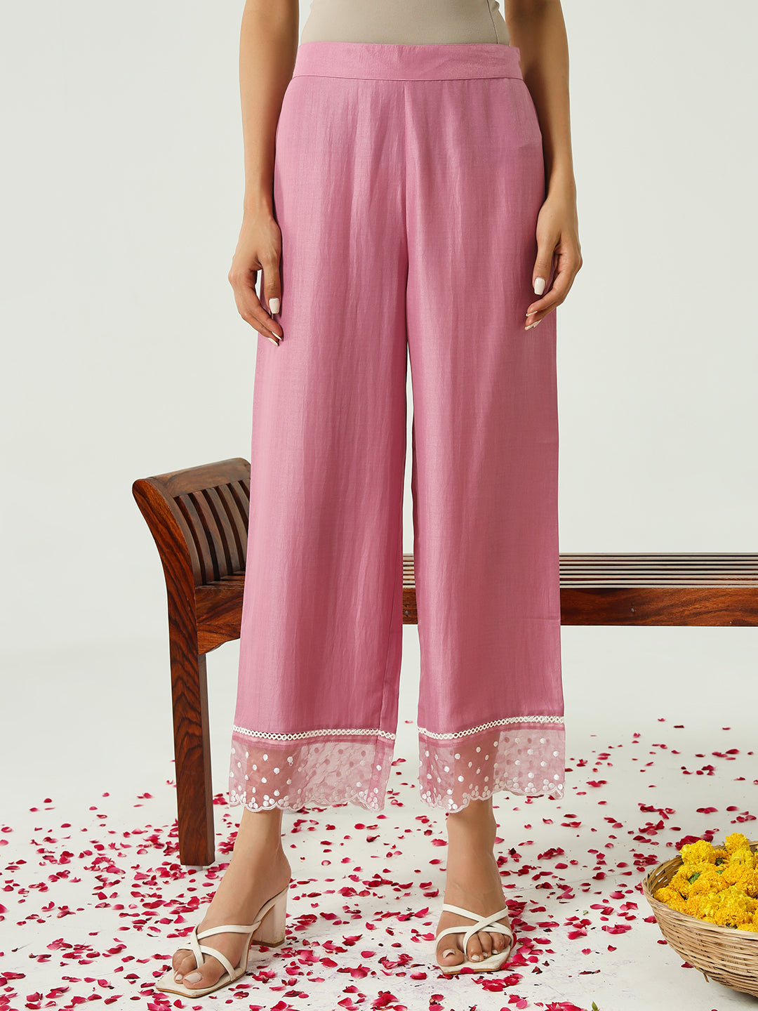 FIORRA Women's Pink Silk Blend Flared Kurta and Palazzo With Embroidered Dupatta