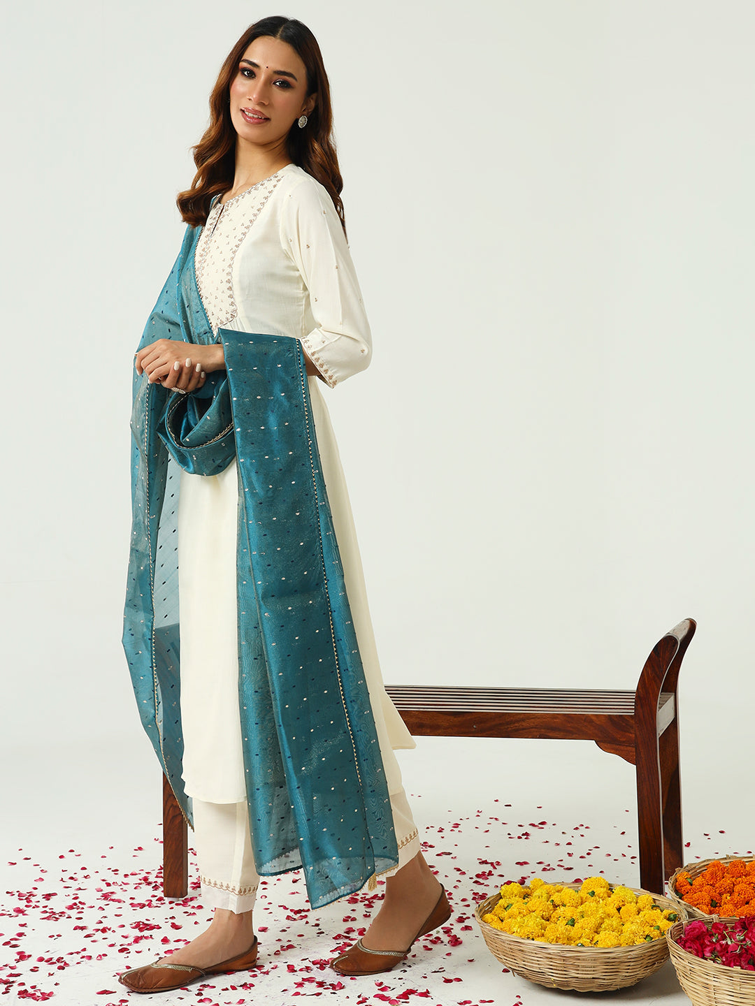 FIORRA Women's Off White Silk Blend Nayra Cut Kurta and Palazzo With Embroidered Dupatta