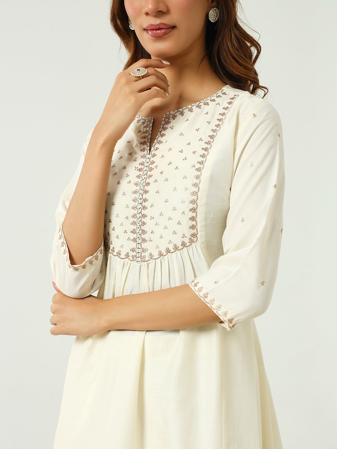 FIORRA Women's Off White Silk Blend Nayra Cut Kurta and Palazzo With Embroidered Dupatta