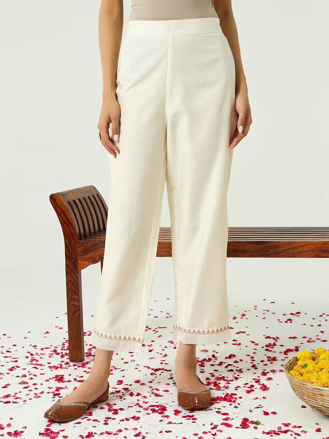 FIORRA Women's Off White Silk Blend Nayra Cut Kurta and Palazzo With Embroidered Dupatta