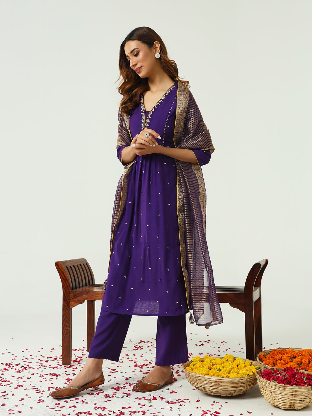 FIORRA Women's Purple Chanderi A-line Kurta with Pant and Dupatta