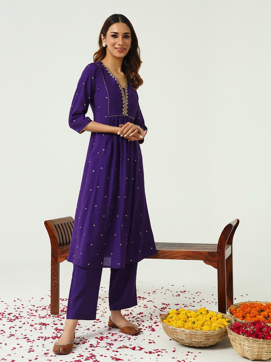 FIORRA Women's Purple Chanderi A-line Kurta with Pant and Dupatta