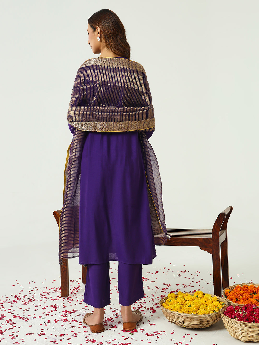 FIORRA Women's Purple Chanderi A-line Kurta with Pant and Dupatta