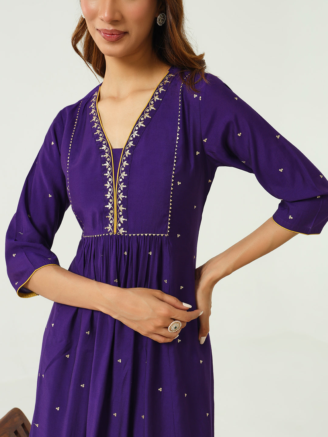 FIORRA Women's Purple Chanderi A-line Kurta with Pant and Dupatta