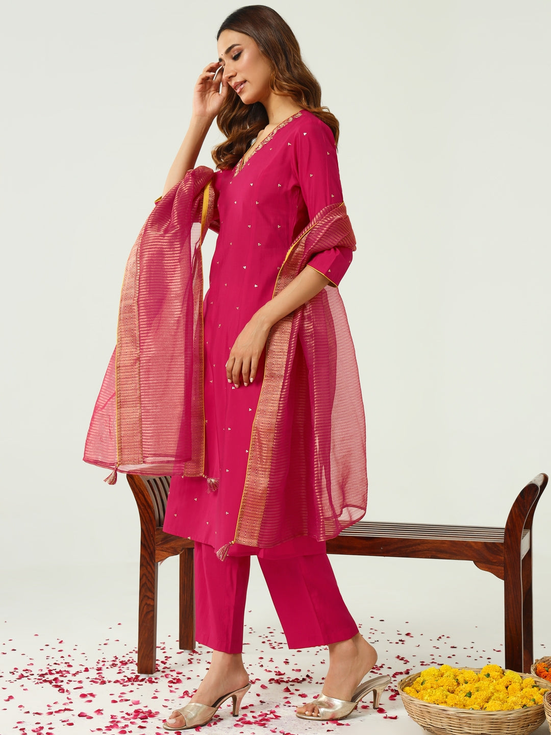 FIORRA Women's Pink Chanderi A-line Kurta with Pant and Dupatta
