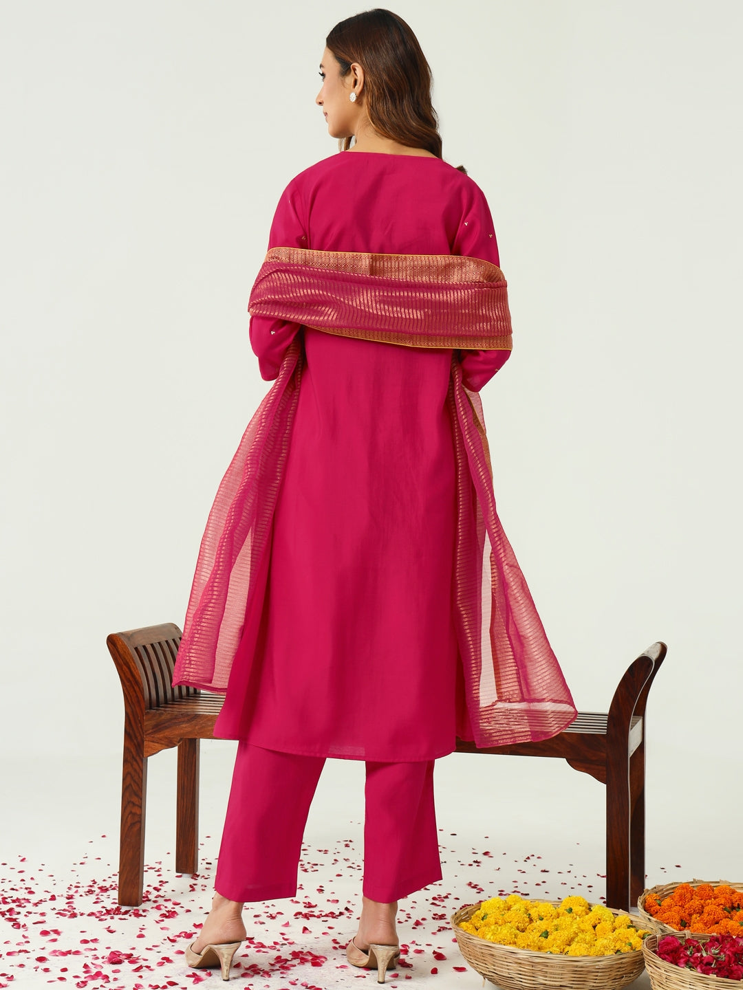 FIORRA Women's Pink Chanderi A-line Kurta with Pant and Dupatta