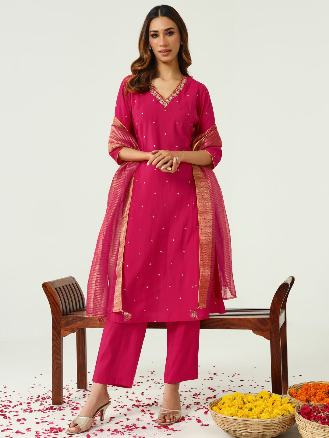 FIORRA Women's Pink Chanderi A-line Kurta with Pant and Dupatta