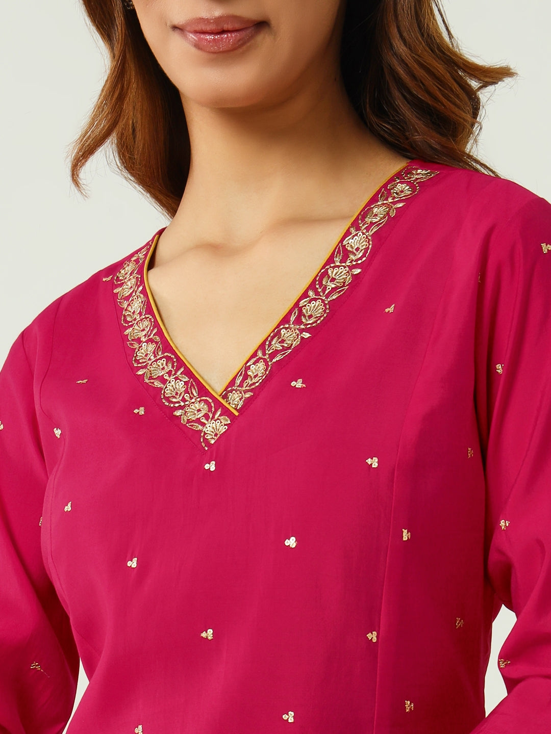 FIORRA Women's Pink Chanderi A-line Kurta with Pant and Dupatta