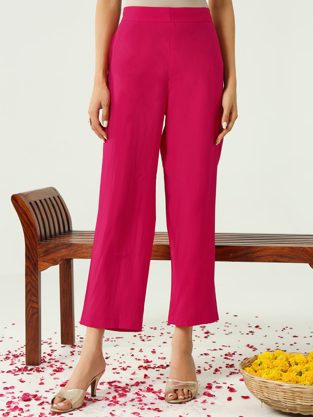 FIORRA Women's Pink Chanderi A-line Kurta with Pant and Dupatta