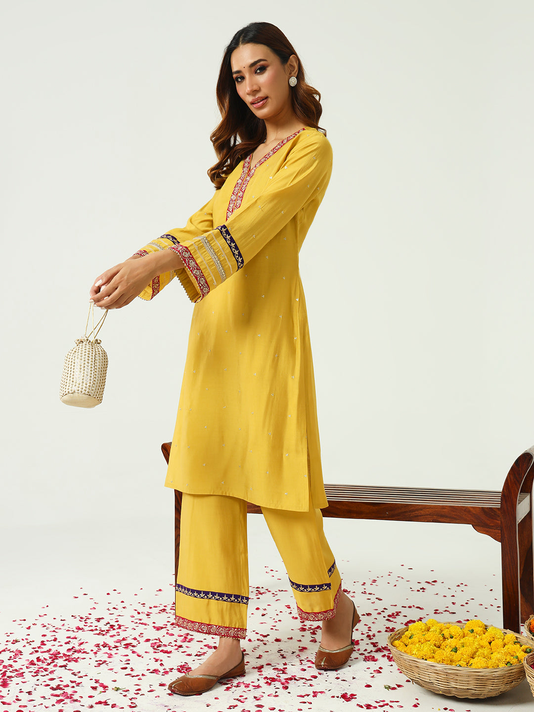FIORRA Women's Yellow Chanderi Straight Kurta And Palazzo Set