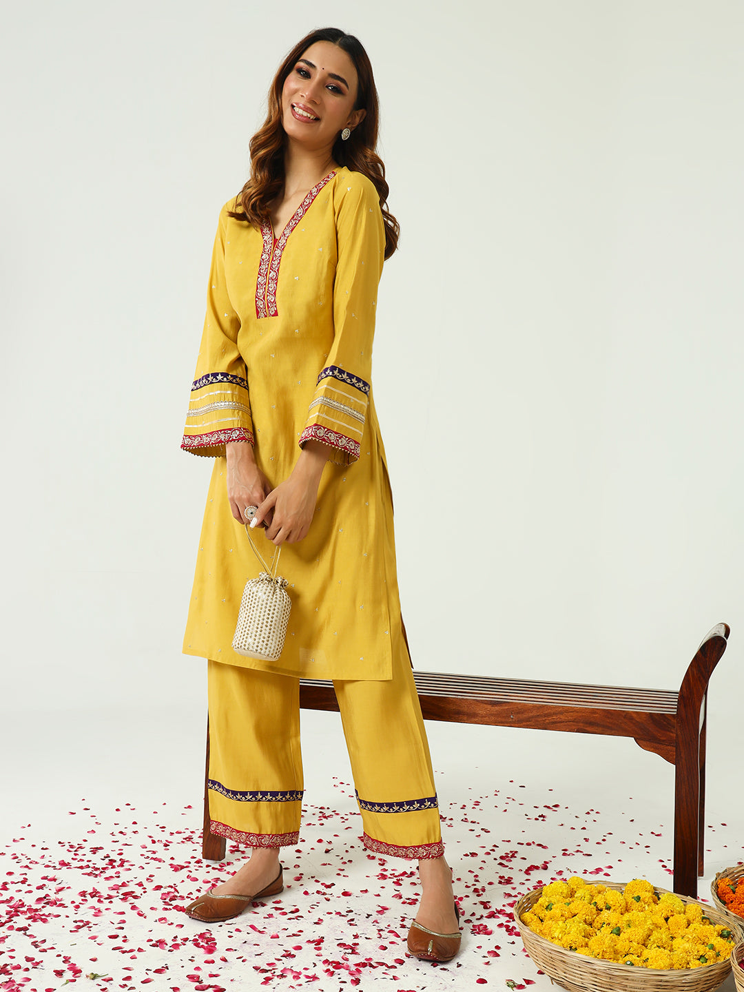 FIORRA Women's Yellow Chanderi Straight Kurta And Palazzo Set