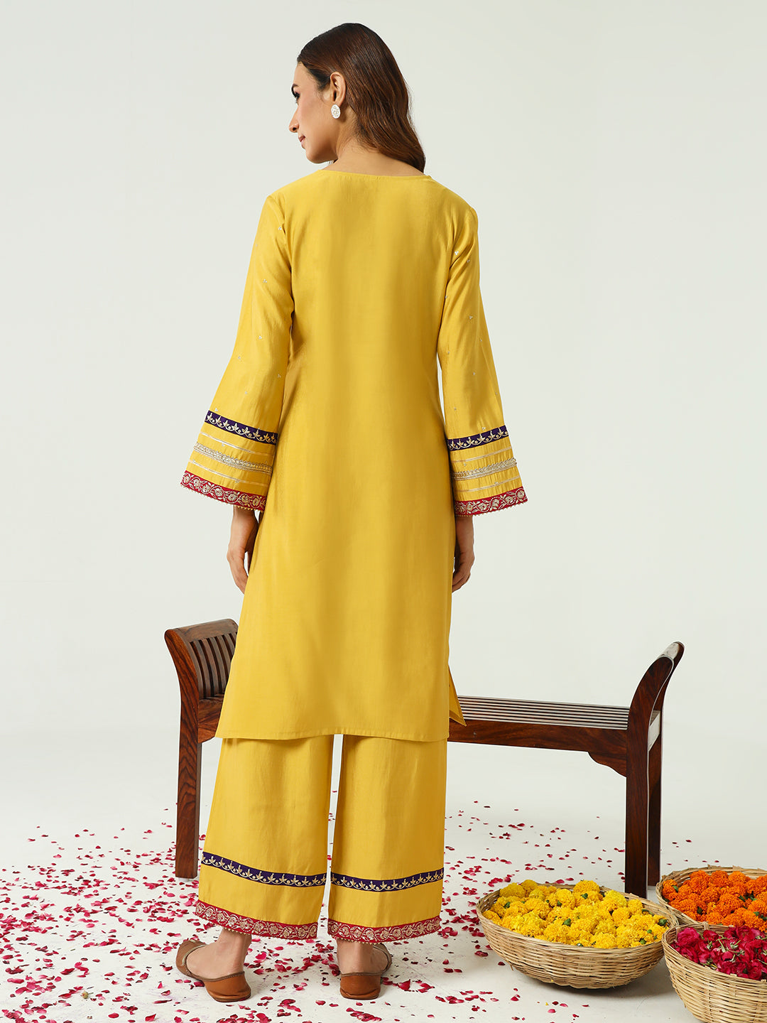 FIORRA Women's Yellow Chanderi Straight Kurta And Palazzo Set