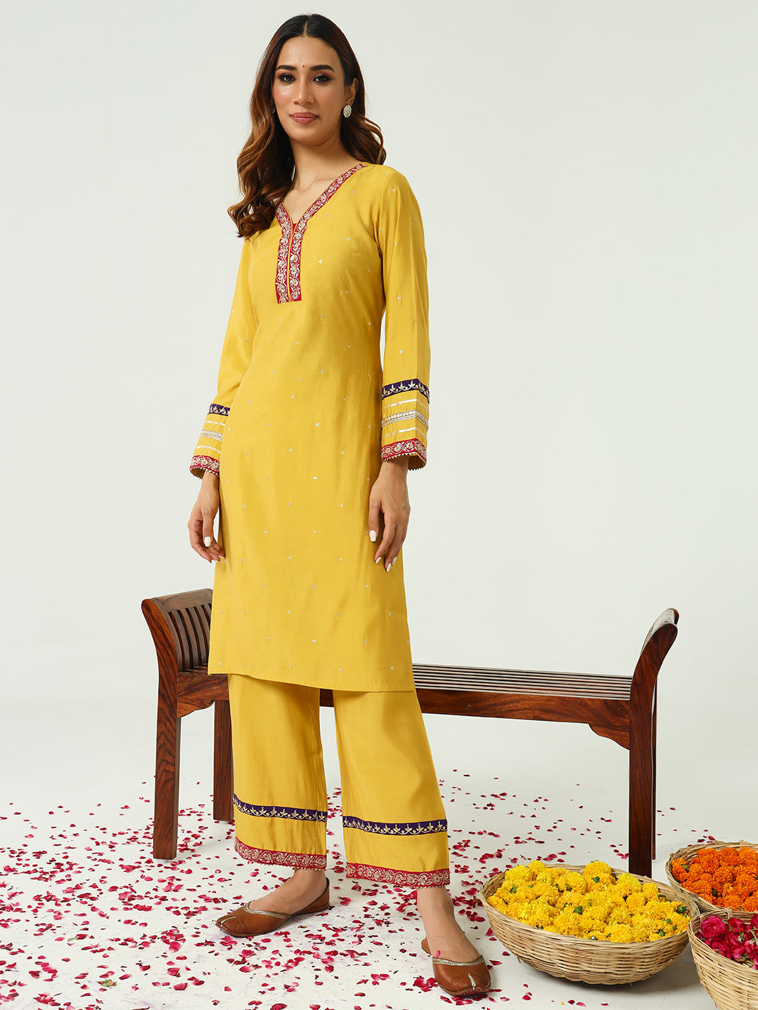 FIORRA Women's Yellow Chanderi Straight Kurta And Palazzo Set