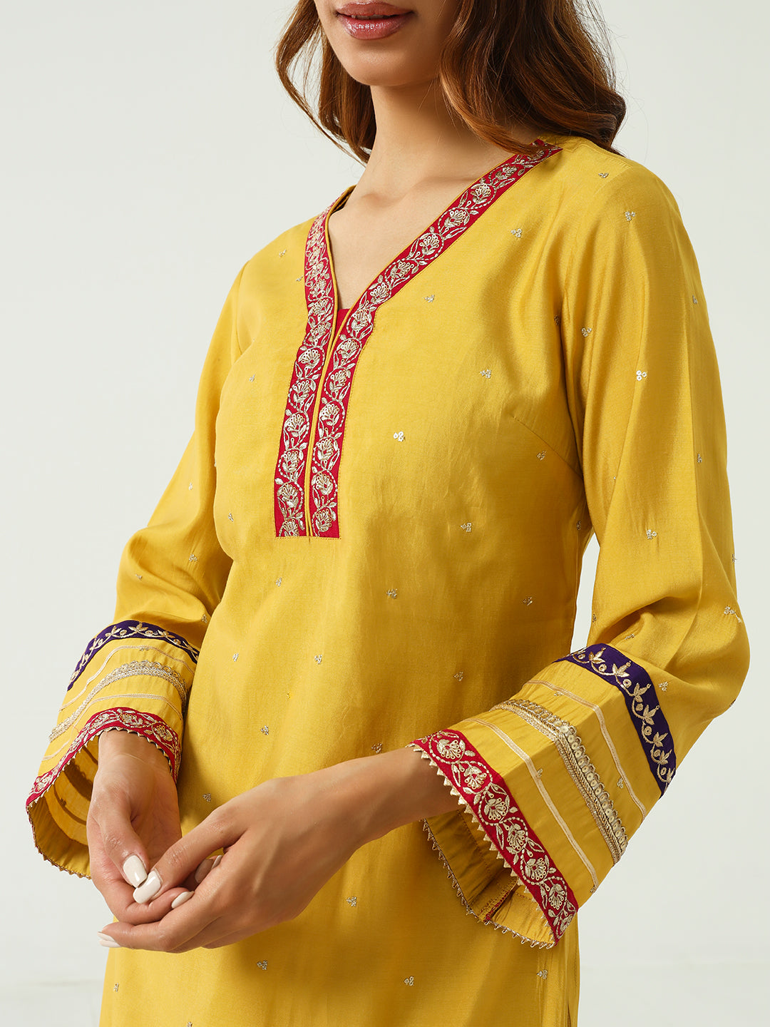 FIORRA Women's Yellow Chanderi Straight Kurta And Palazzo Set