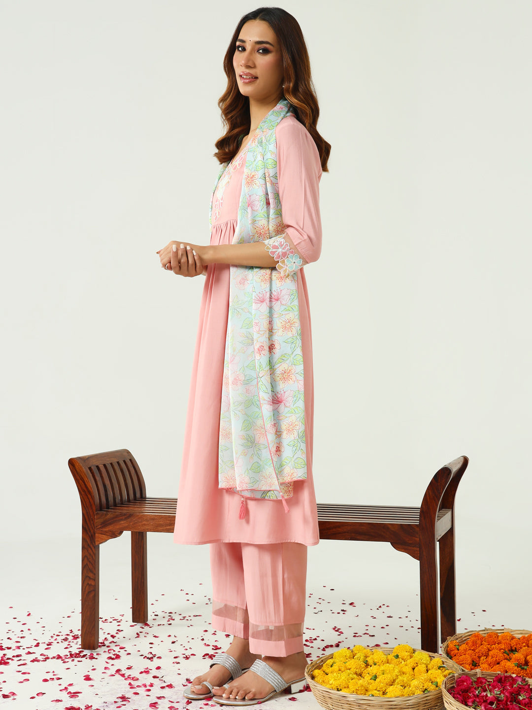 FIORRA Women's Peach Viscose Chanderi A-line Kurta with Pant and Dupatta