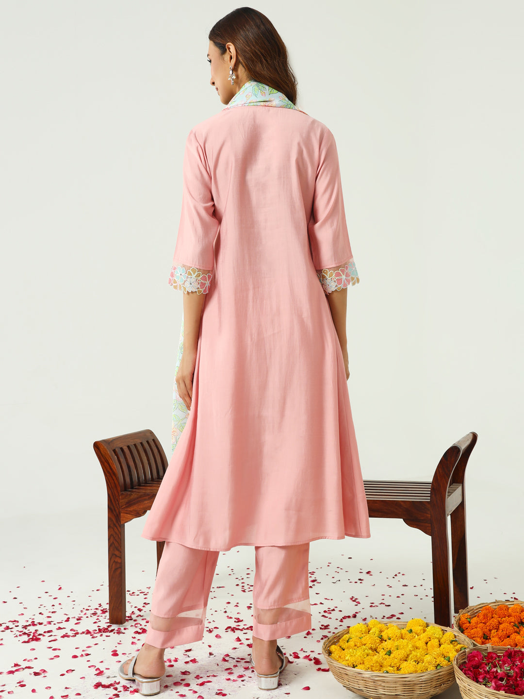 FIORRA Women's Peach Viscose Chanderi A-line Kurta with Pant and Dupatta