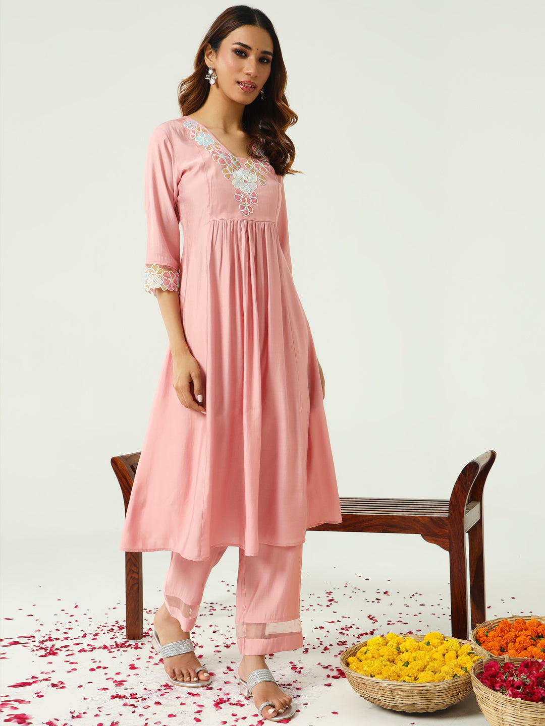 FIORRA Women's Peach Viscose Chanderi A-line Kurta with Pant and Dupatta