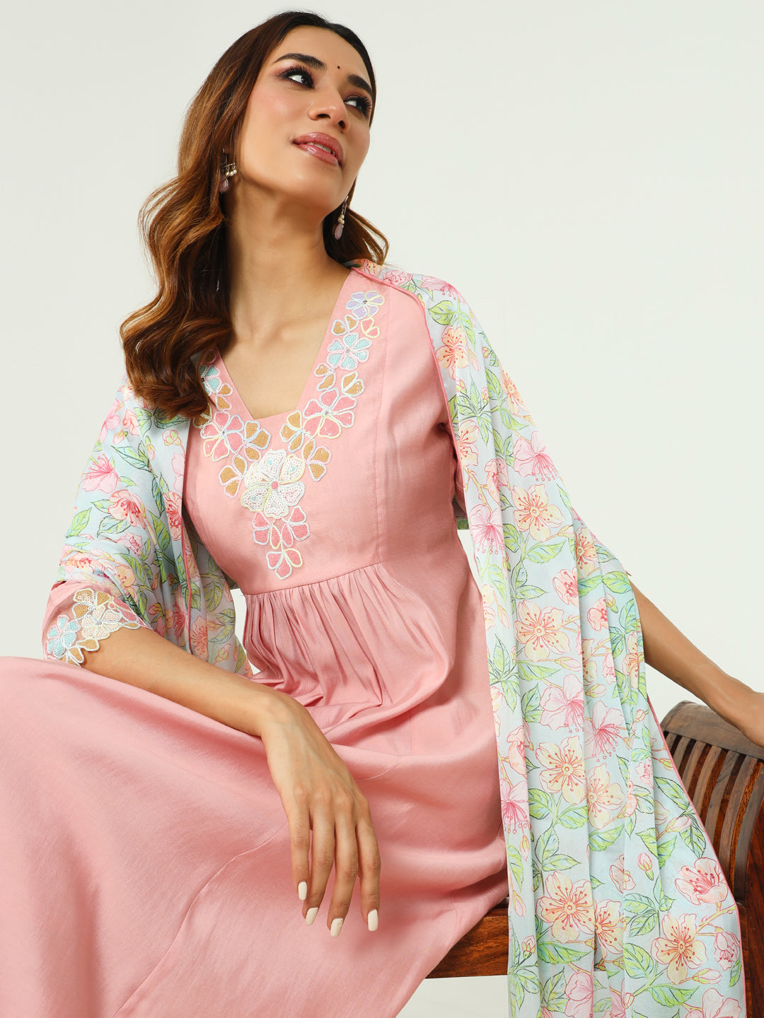 FIORRA Women's Peach Viscose Chanderi A-line Kurta with Pant and Dupatta