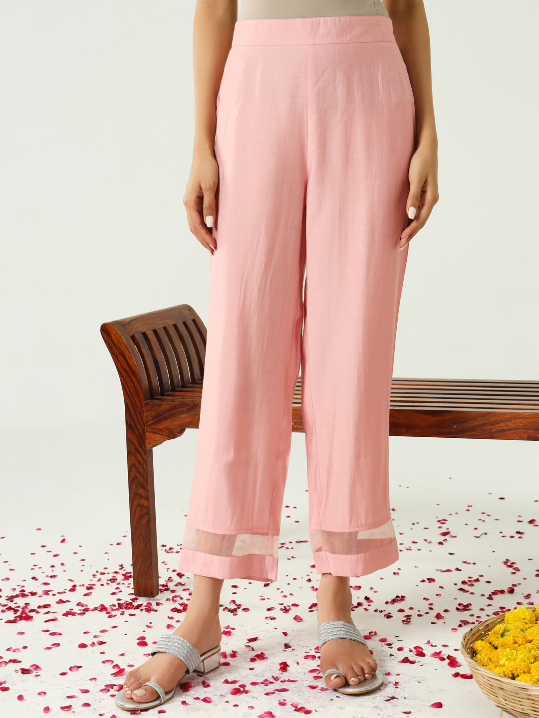 FIORRA Women's Peach Viscose Chanderi A-line Kurta with Pant and Dupatta